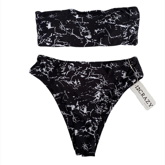I2CRAZY Black White Marble Bikini Women High Waisted Swimsuit Two Piece NWT - Picture 4 of 6